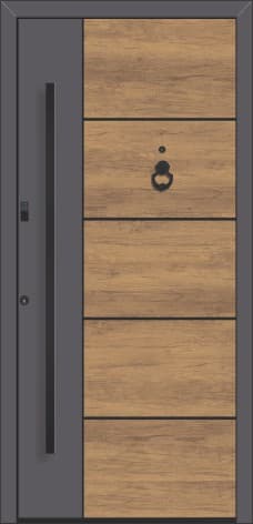 Inotherm AGE 1037 – Aluminium-Haustür mit Holzdekor, waagerechten Fugen und Türklopfer
