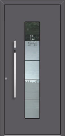 Inotherm AGE 1111 – Aluminium-Haustür mit schmalem Lichtband, Hausnummer im Glas und schlankem Griff