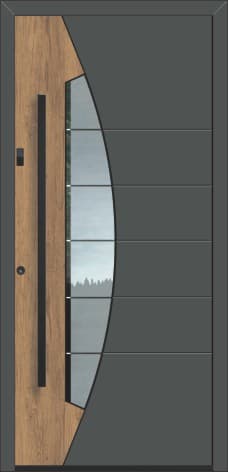 Inotherm AGE 1456 – Aluminium-Haustür mit geschwungenem Holzelement und gebogenem Lichtband