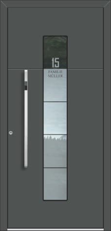 Inotherm AK 505 – Aluminium-Haustür mit Glasband, Hausnummer und Namensgravur