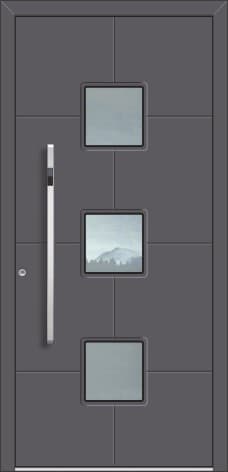 Inotherm AK 513 – Aluminium-Haustür mit drei quadratischen Glasfeldern