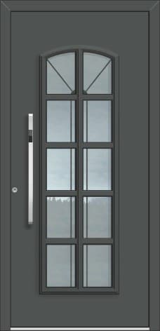 Inotherm ATE 1100 – Dunkle Landhaus-Haustür mit schlankem Sprossenfeld und Rundbogen