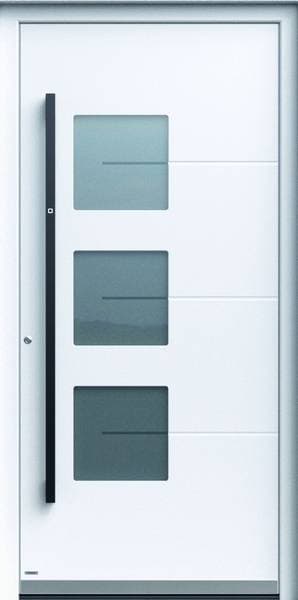 Pirnar Optimum 7450 – weiße Haustür mit drei Glasfeldern und schwarzem Stangengriff