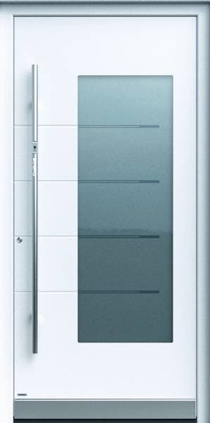 Pirnar Optimum 7470 – weiße Haustür mit großem Glasfeld und langem Stangengriff