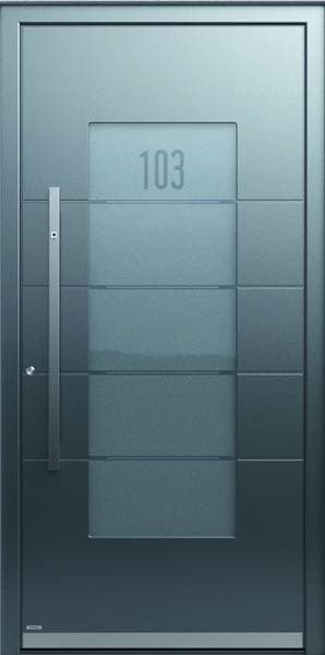 Pirnar Optimum 7471 – anthrazitfarbene Haustür mit großem Glasfeld und Hausnummer