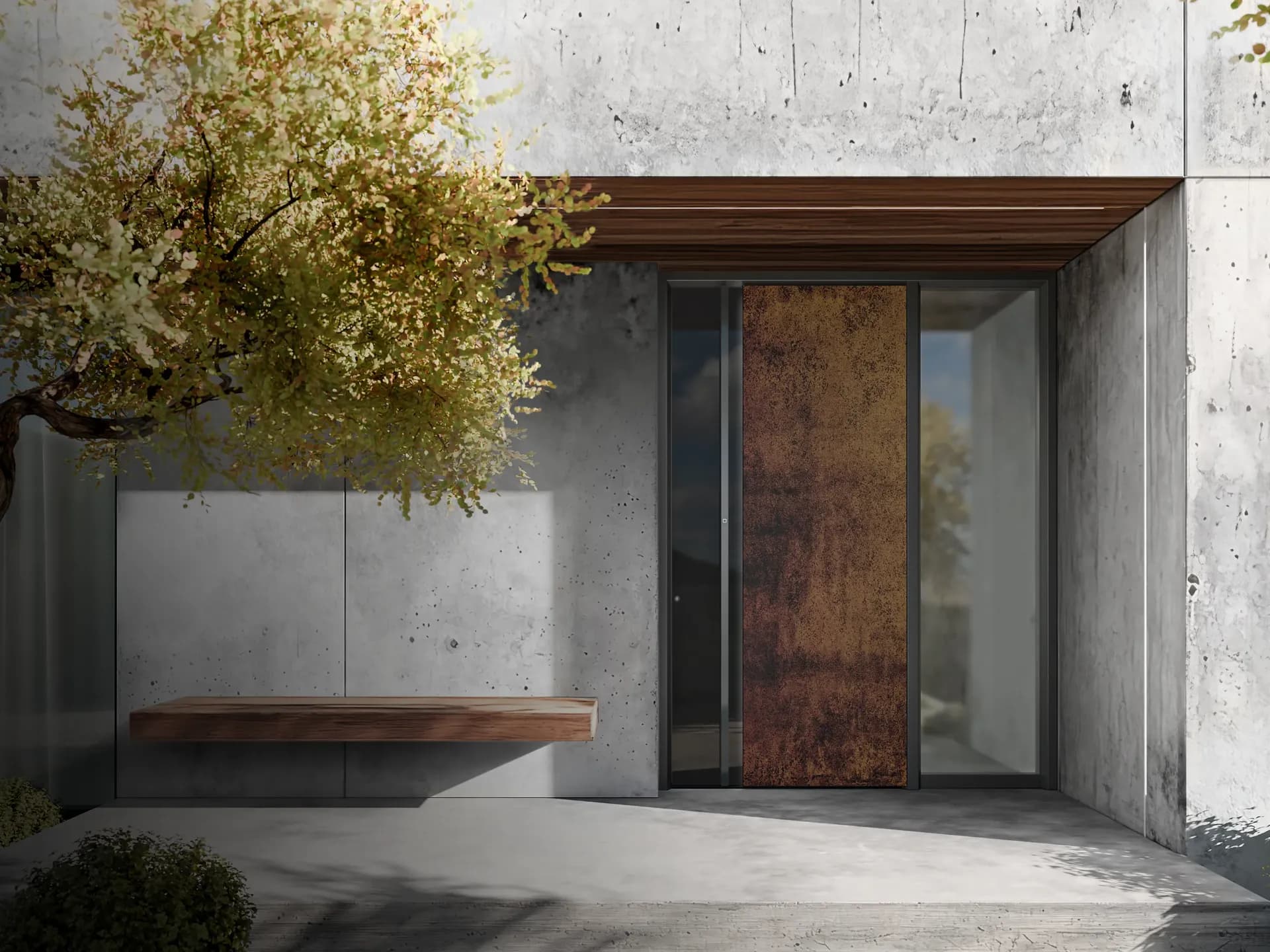 Pirnar Design-Haustür in Sinterstein-Optik in moderner Architektur